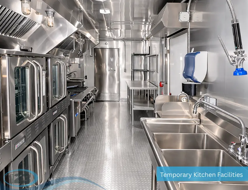 Stainless steel cooking line and preparation space inside a mobile kitchen